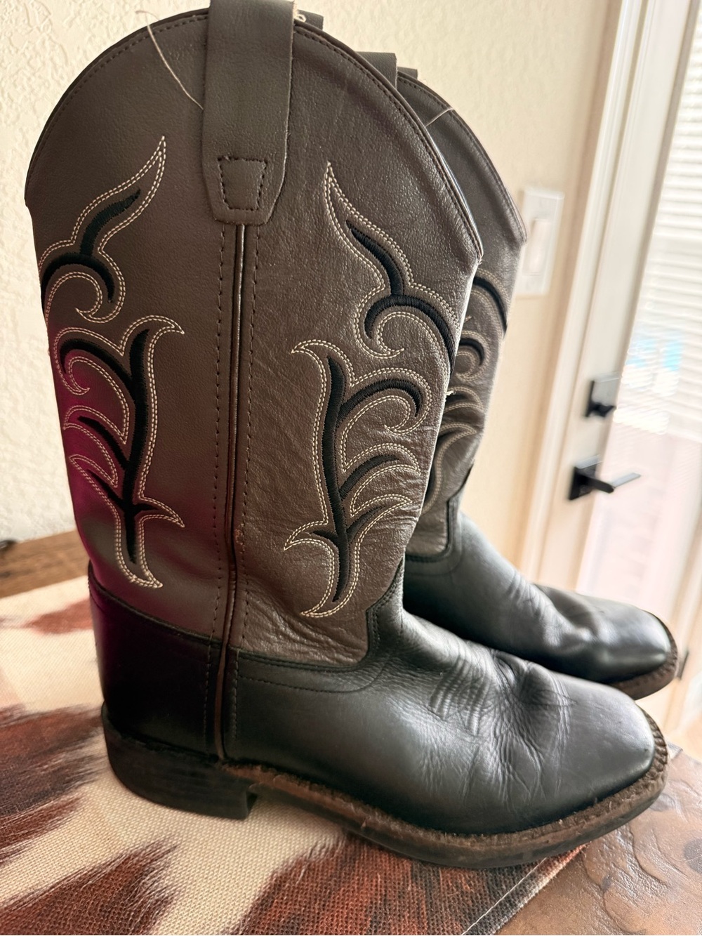 Youth Black Leather Western Cowboy Boots